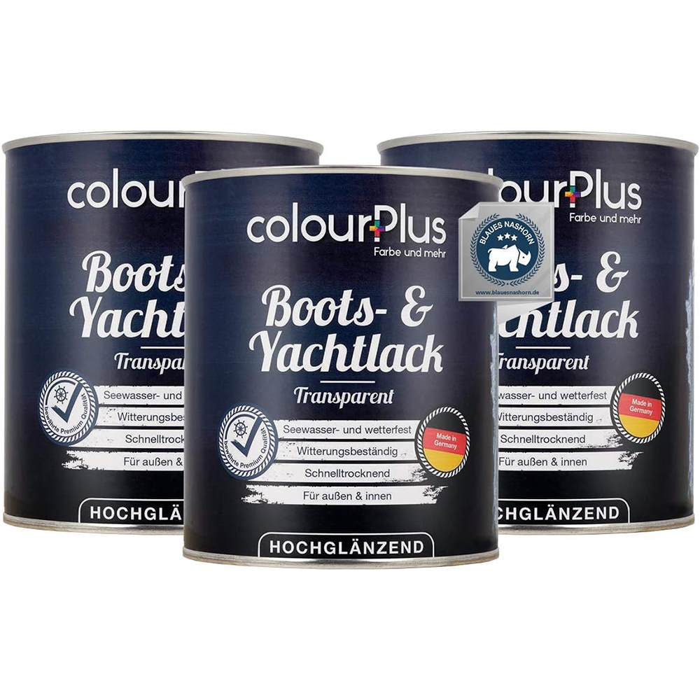 Drei Dosen ColourPlus Boots- und Yachtlack Transparent hochglaenzend als Produktgruppe dargestellt