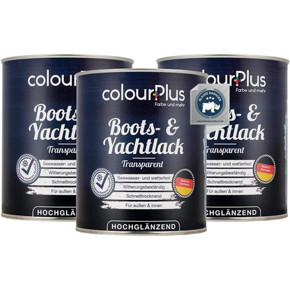 Drei Dosen ColourPlus Boots- und Yachtlack Transparent hochglaenzend als Produktgruppe dargestellt