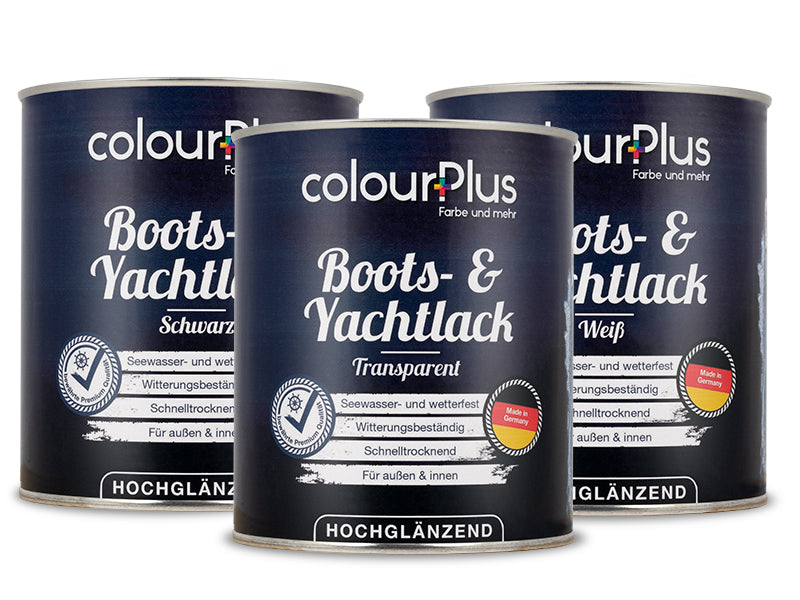 Drei Dosen ColourPlus Boots- und Yachtlack in den Varianten Transparent, Schwarz und Weiss hochglaenzend