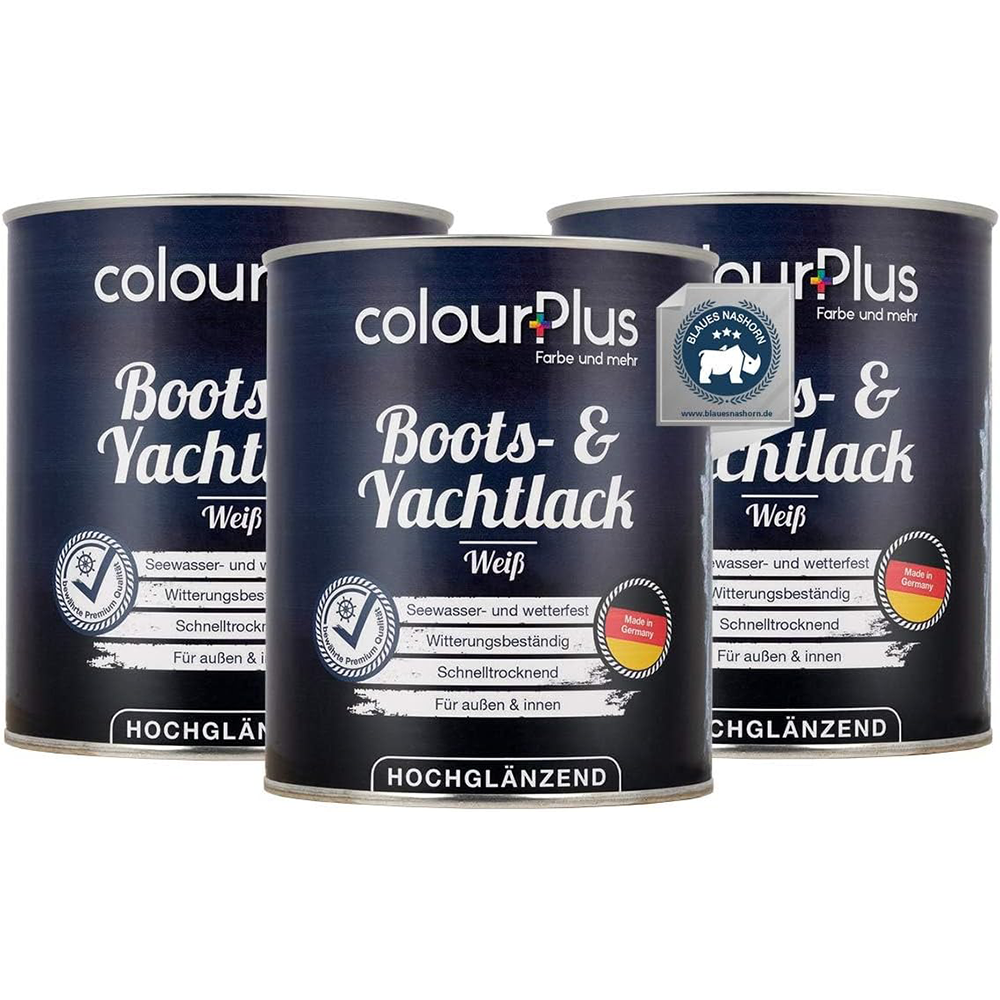 Drei Dosen ColourPlus Boots- und Yachtlack Weiss hochglaenzend als Setansicht mit Produktlabel