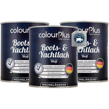 Drei Dosen ColourPlus Boots- und Yachtlack Weiss hochglaenzend als Setansicht mit Produktlabel