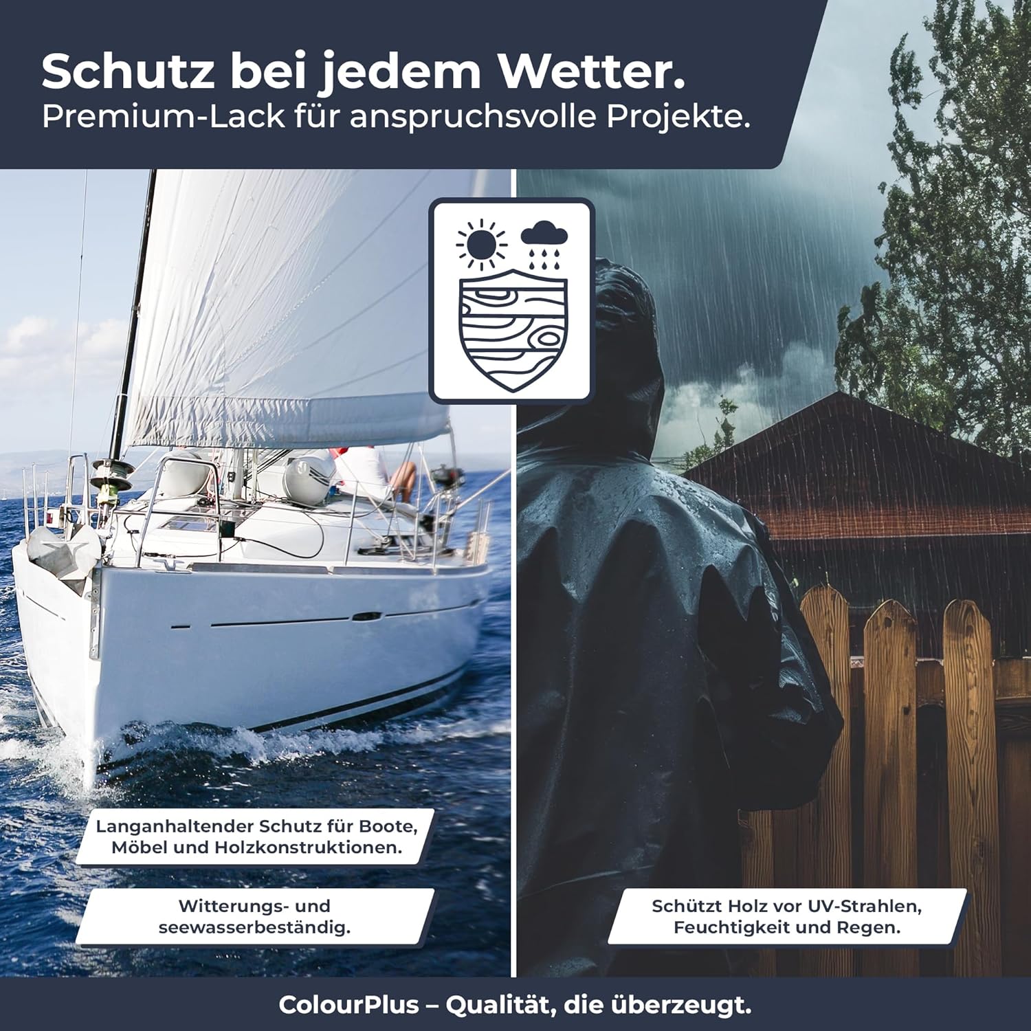 Anwendungsgrafik des ColourPlus Boots- und Yachtlacks mit Segelboot und Holzoberflaeche im Regen als Beispiel fuer wetter- und seewasserbestaendigen Schutz