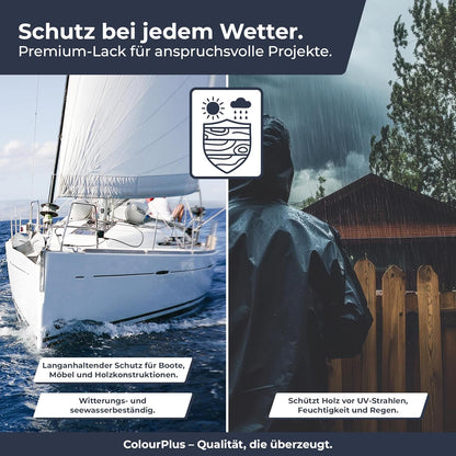 Anwendungsgrafik des ColourPlus Boots- und Yachtlacks mit Segelboot und Holzoberflaeche im Regen als Beispiel fuer wetter- und seewasserbestaendigen Schutz