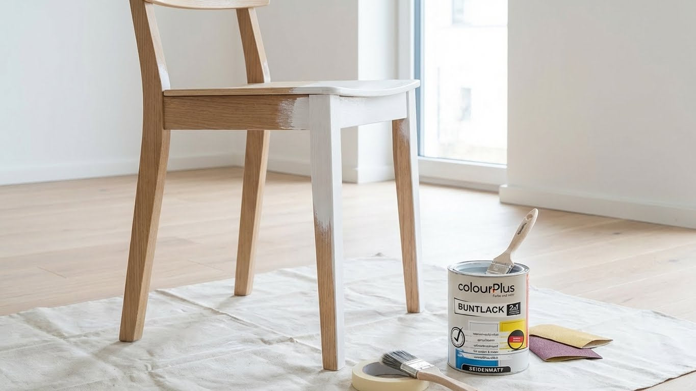 Holzstuhl beim Streichen mit weissem ColourPlus Buntlack 2in1 inklusive Dose, Pinsel und Schleifpapier