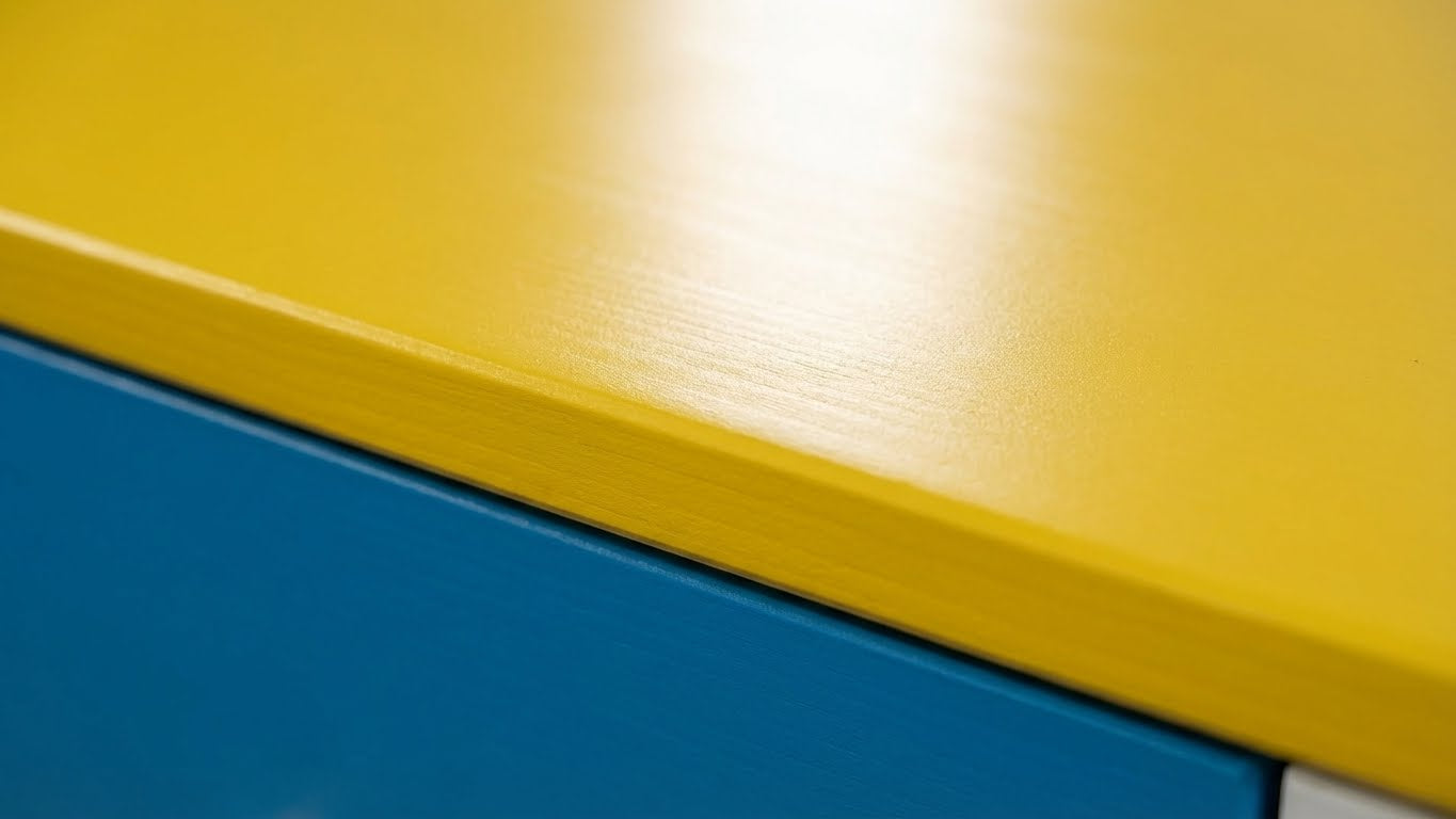 Detailaufnahme einer glatt gestrichenen Holzoberflaeche in Gelb und Blau mit ColourPlus Buntlack 2in1