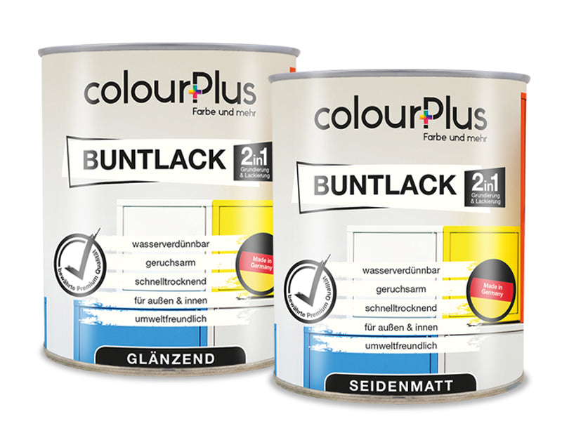 Zwei Gebinde ColourPlus Buntlack 2in1 in den Varianten glaenzend und seidenmatt vor neutralem Hintergrund