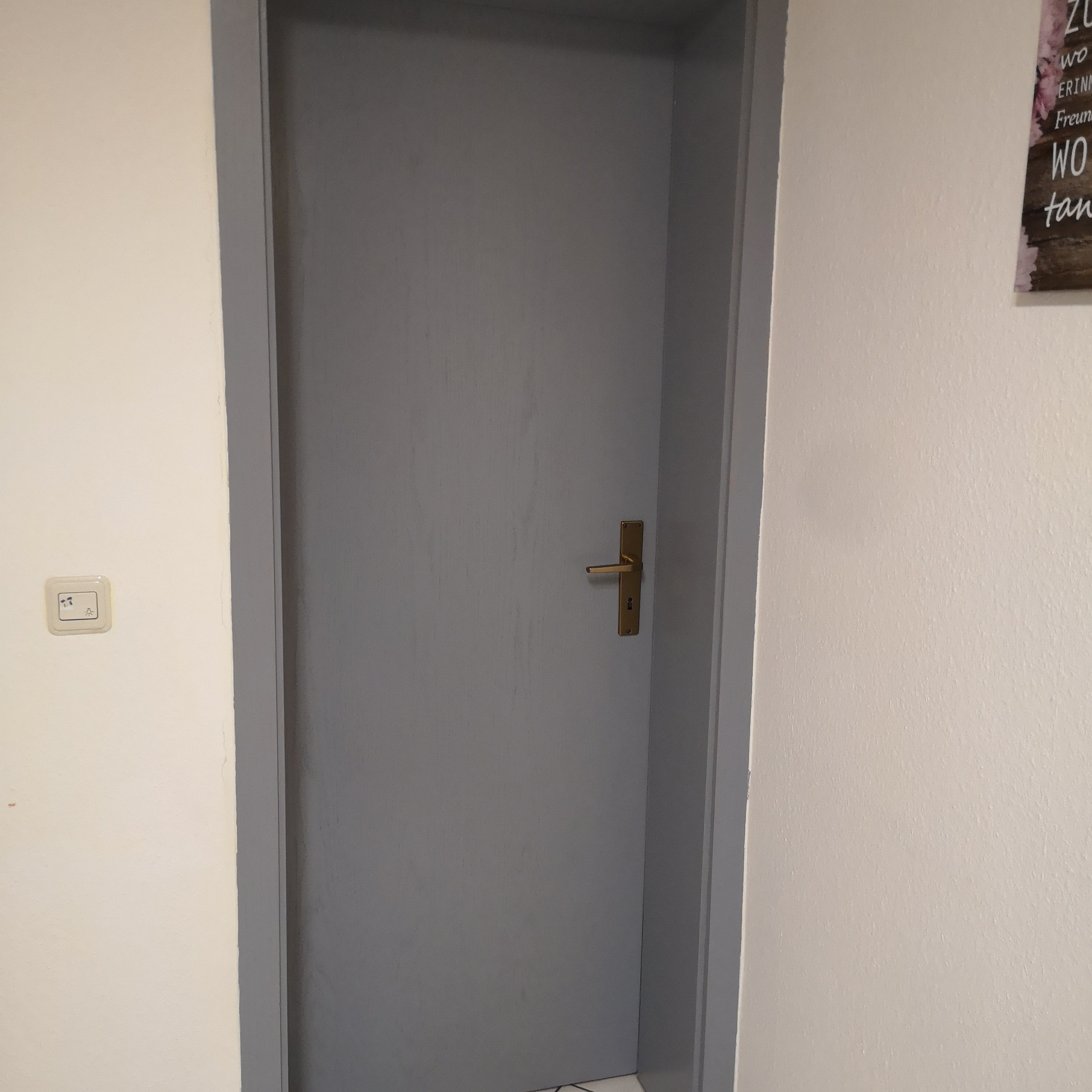 Grau lackierte Innentuer mit Messingklinke als Anwendungsbeispiel fuer ColourPlus Buntlack 2in1 im Innenbereich