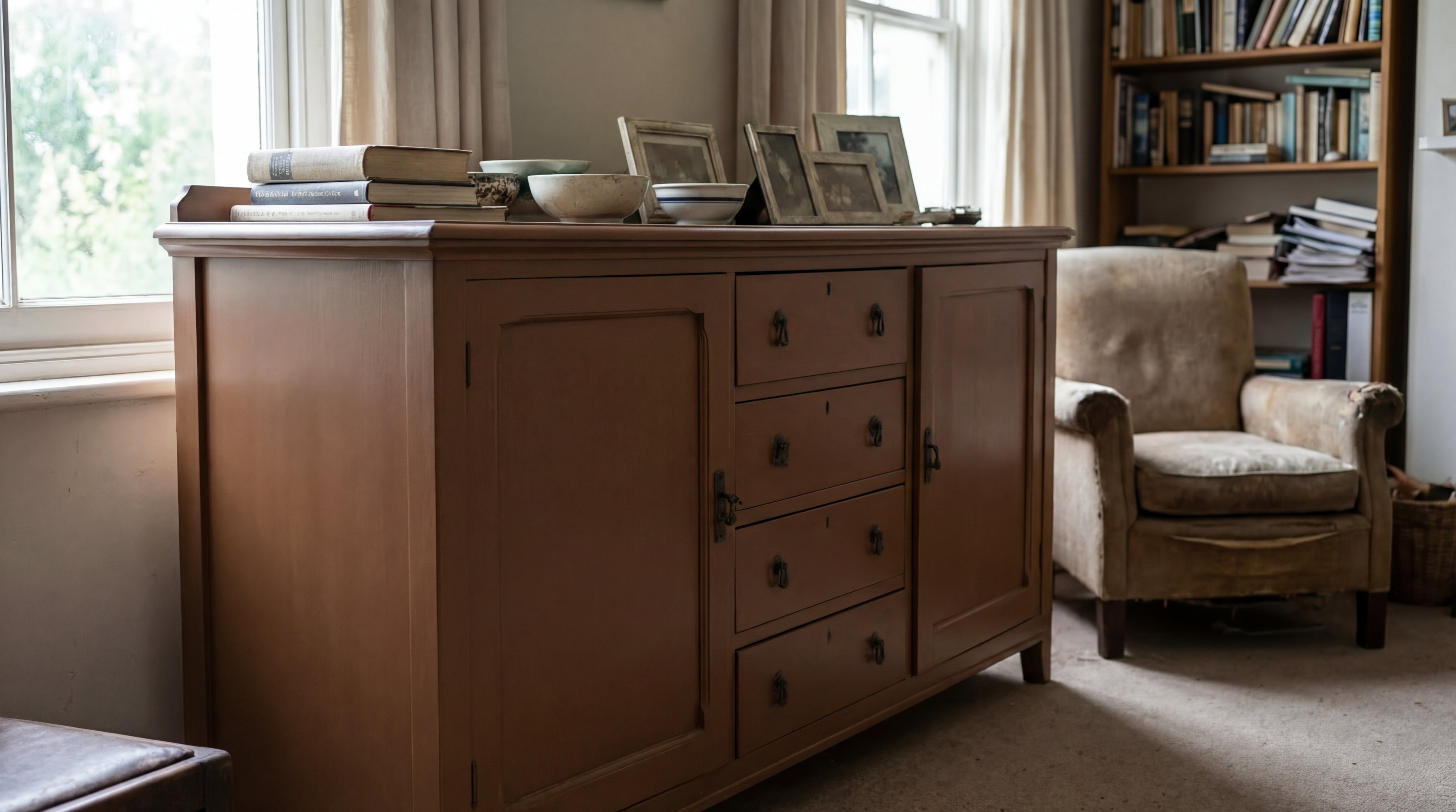 Neu gestrichenes Holzsideboard im Wohnzimmer mit gleichmaessiger, seidenmatter Oberflaeche nach Anwendung von ColourPlus Buntlack 2in1