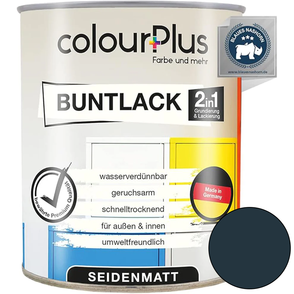 ColourPlus 2in1 Buntlack seidenmatt in Anthrazit als einzelne Dose mit Produktinformationen auf dem Etikett