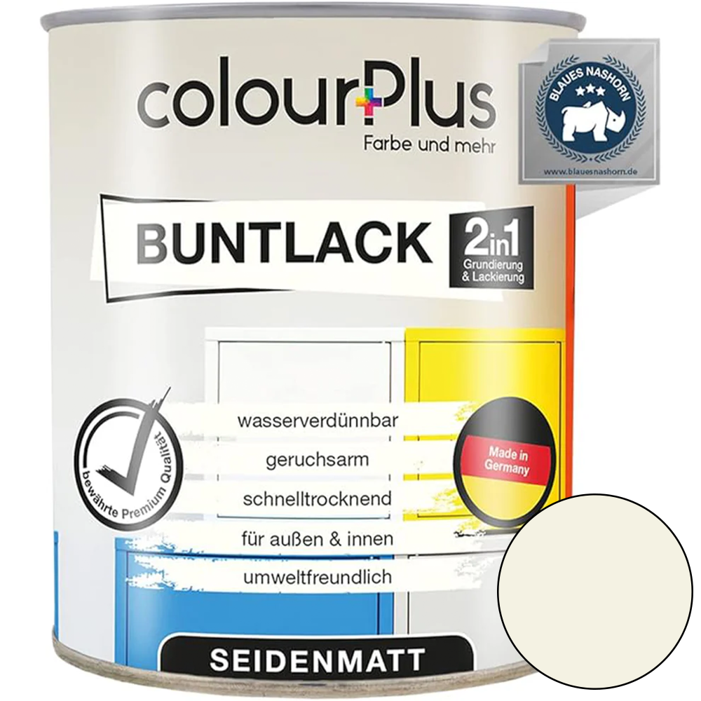 ColourPlus 2in1 Buntlack seidenmatt in Cremeweiss als einzelne Dose mit Produktinformationen auf dem Etikett