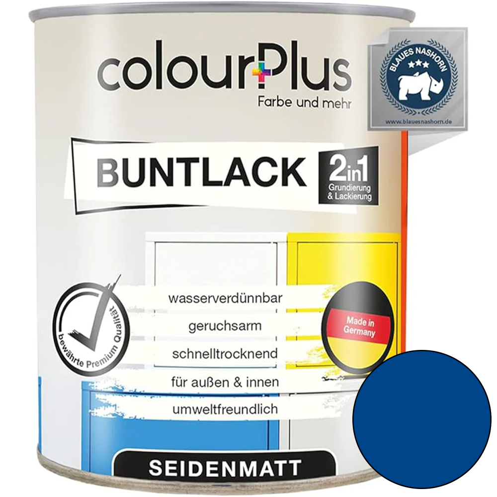 ColourPlus 2in1 Buntlack seidenmatt in Enzianblau als einzelne Dose mit Produktinformationen auf dem Etikett