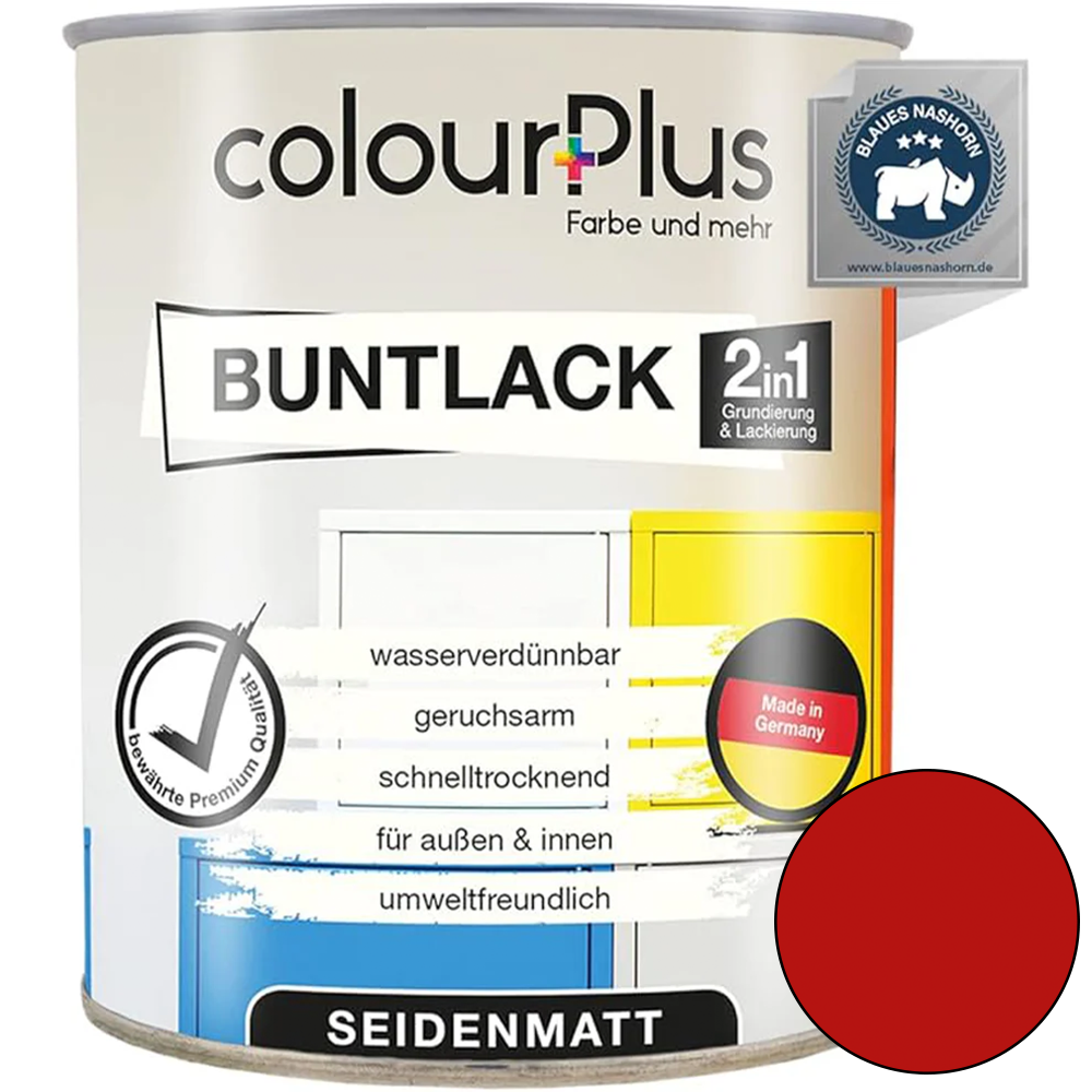 ColourPlus 2in1 Buntlack seidenmatt in Feuerrot als einzelne Dose mit Produktinformationen auf dem Etikett