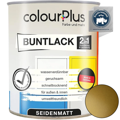ColourPlus 2in1 Buntlack seidenmatt in Gold als einzelne Dose mit Produktinformationen auf dem Etikett