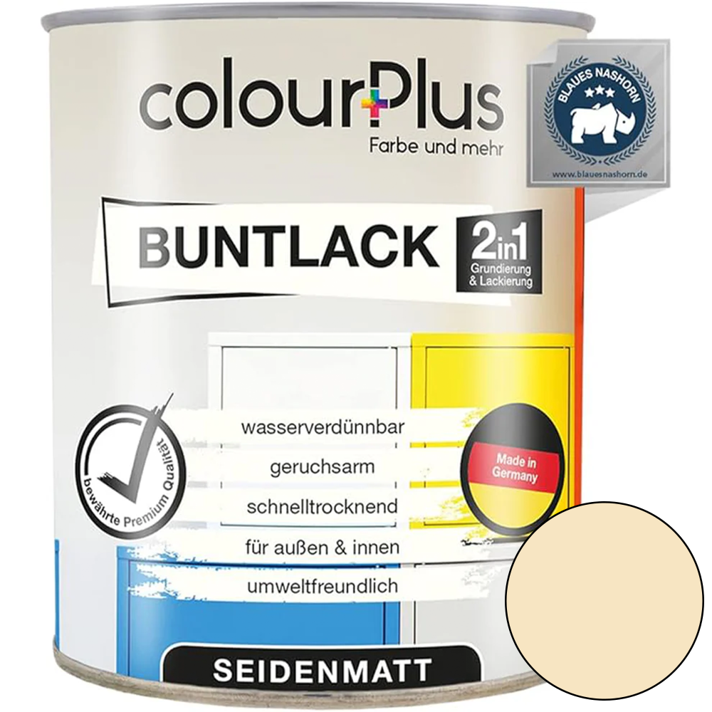 ColourPlus 2in1 Buntlack seidenmatt in Hellelfenbein als einzelne Dose mit Produktinformationen auf dem Etikett