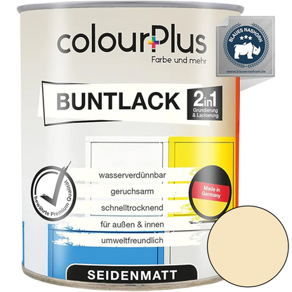 ColourPlus 2in1 Buntlack seidenmatt in Hellelfenbein als einzelne Dose mit Produktinformationen auf dem Etikett