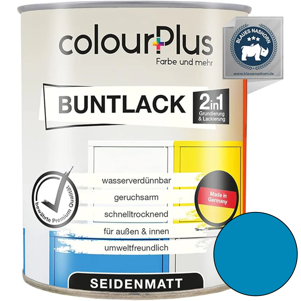 ColourPlus 2in1 Buntlack seidenmatt in Lichtblau als einzelne Dose mit Produktinformationen auf dem Etikett