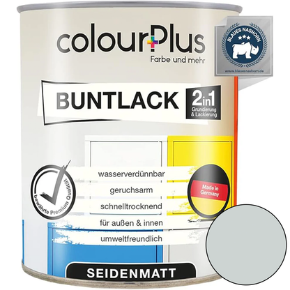 ColourPlus 2in1 Buntlack seidenmatt in Lichtgrau als einzelne Dose mit Produktinformationen auf dem Etikett