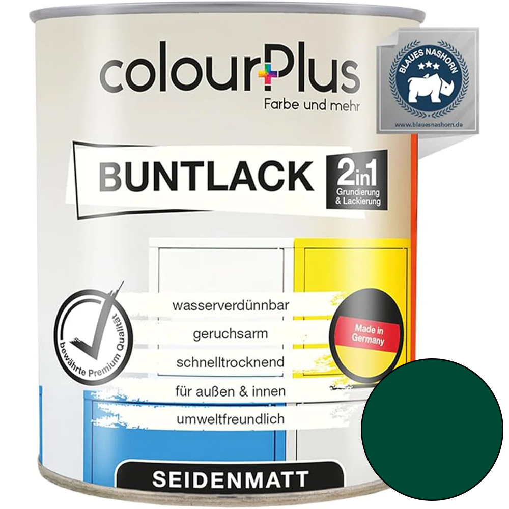 ColourPlus 2in1 Buntlack seidenmatt in Moosgruen als einzelne Dose mit Produktinformationen auf dem Etikett