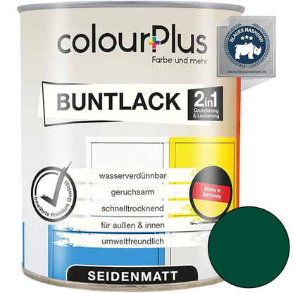 ColourPlus 2in1 Buntlack seidenmatt in Moosgruen als einzelne Dose mit Produktinformationen auf dem Etikett