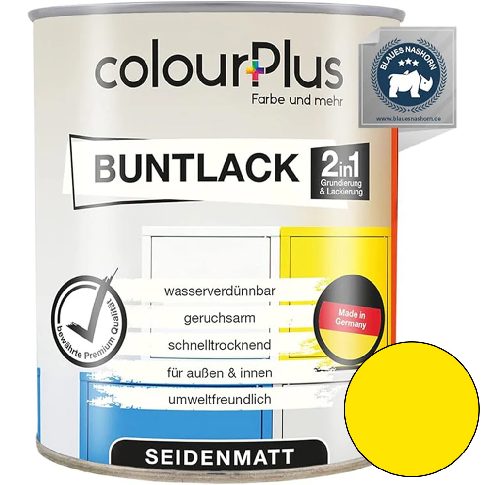 ColourPlus 2in1 Buntlack seidenmatt in Rapsgelb als einzelne Dose mit Produktinformationen auf dem Etikett