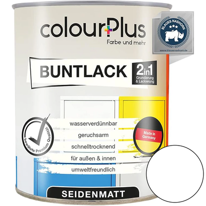 ColourPlus 2in1 Buntlack seidenmatt in Reinweiss als einzelne Dose mit Produktinformationen auf dem Etikett