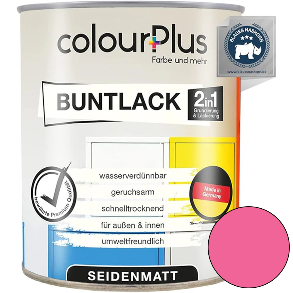 ColourPlus 2in1 Buntlack seidenmatt in Rosa als einzelne Dose mit Produktinformationen auf dem Etikett