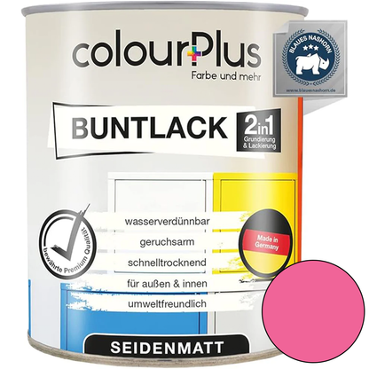 ColourPlus 2in1 Buntlack seidenmatt in Rosa als einzelne Dose mit Produktinformationen auf dem Etikett