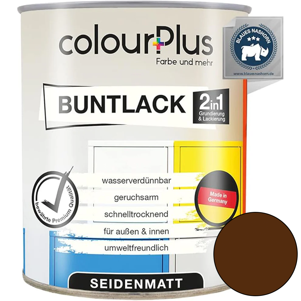 ColourPlus 2in1 Buntlack seidenmatt in Schokoladenbraun als einzelne Dose mit Produktinformationen auf dem Etikett