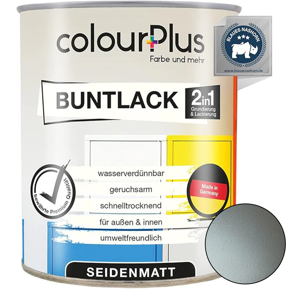 ColourPlus 2in1 Buntlack seidenmatt in Silber als einzelne Dose mit Produktinformationen auf dem Etikett