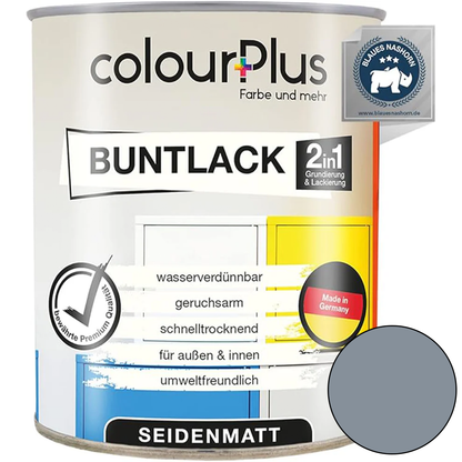 ColourPlus 2in1 Buntlack seidenmatt in Silbergrau als einzelne Dose mit Produktinformationen auf dem Etikett