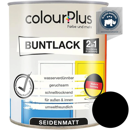 ColourPlus 2in1 Buntlack seidenmatt in Tiefschwarz als einzelne Dose mit Produktinformationen auf dem Etikett