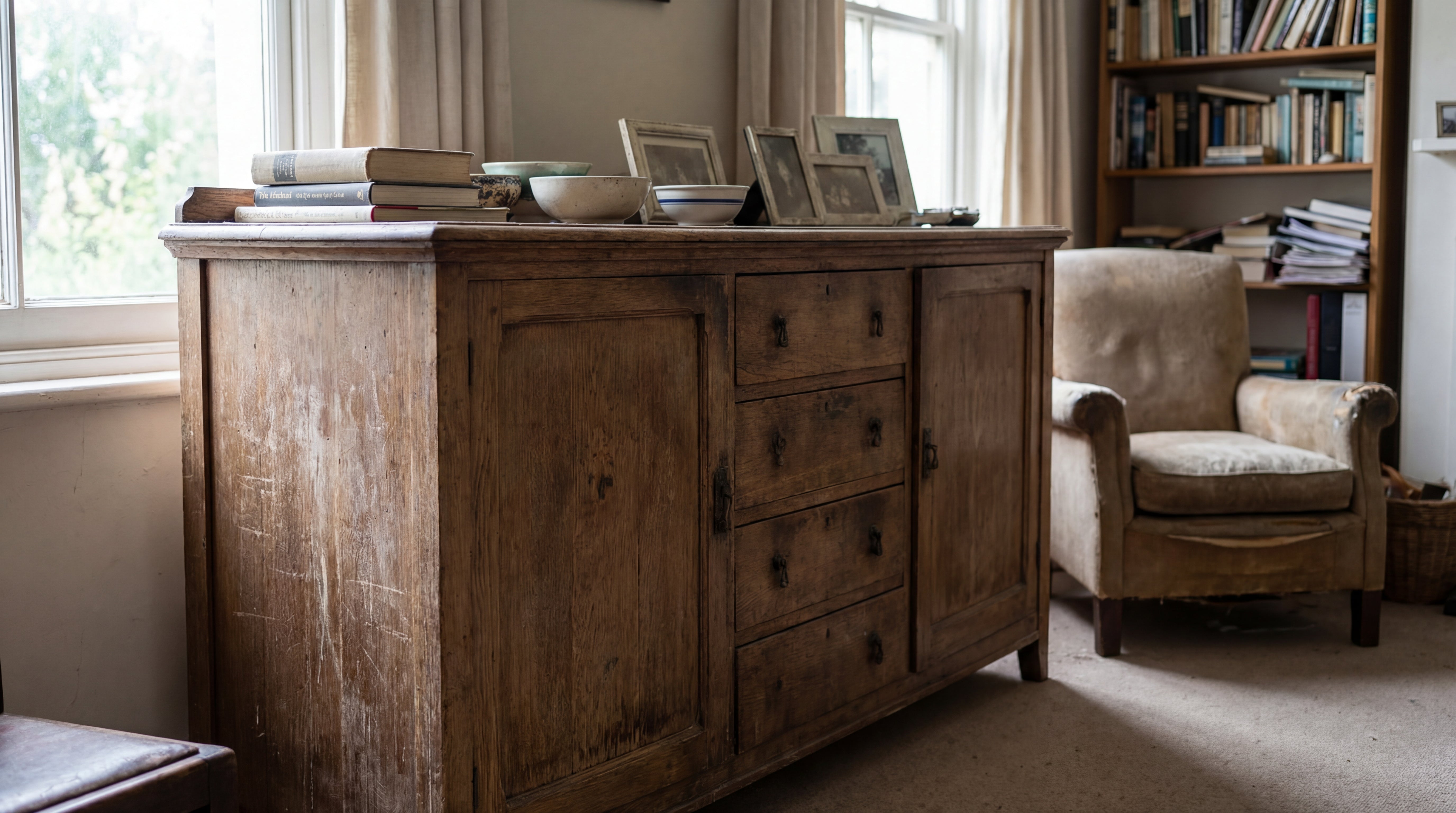 Abgenutztes Holzsideboard im Wohnzimmer mit sichtbaren Kratzern und Gebrauchsspuren vor dem Anstrich mit ColourPlus Buntlack 2in1