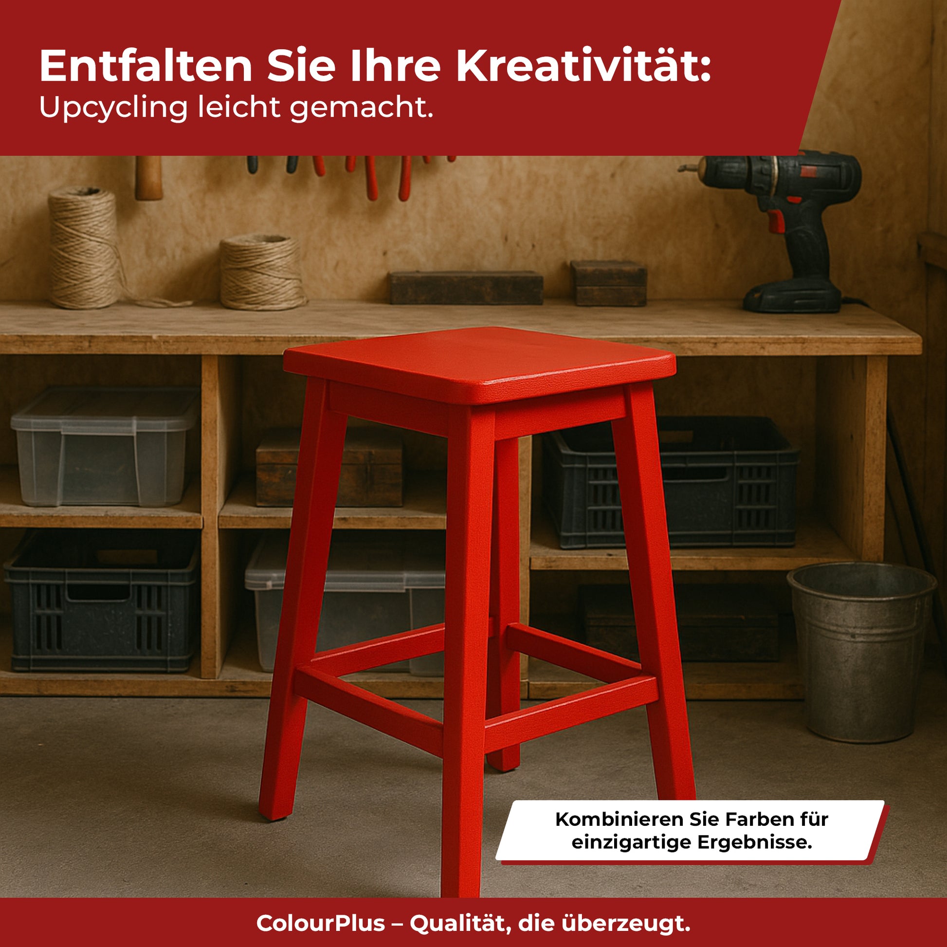 Rot gestrichener Holzhocher in einer Werkstatt als Upcycling Beispiel mit ColourPlus 3 in 1 Buntlack