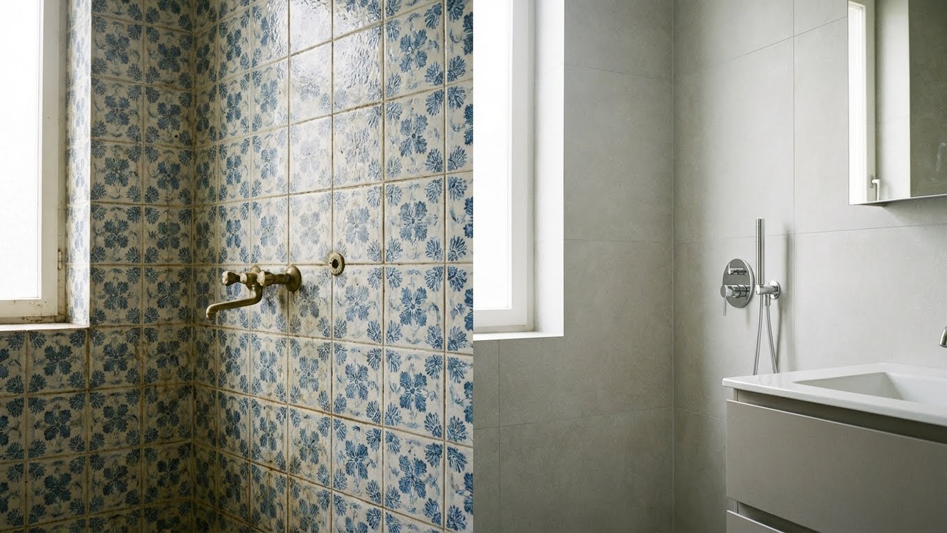 Badezimmer mit alten gemusterten Fliesen im Vergleich zu modern gestalteter Fläche nach Anwendung des ColourPlus Fliesenlacks.