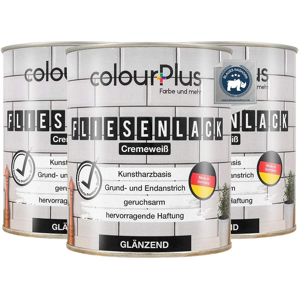 Drei Dosen ColourPlus Fliesenlack in Cremeweiß glänzend als Vorratspack für größere Flächen.