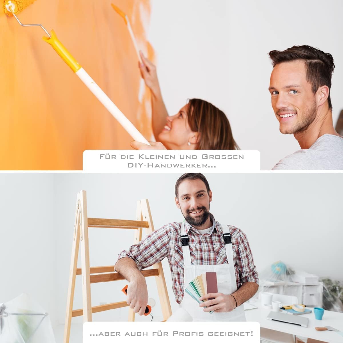 Zwei Personen beim Streichen einer Wand und ein Handwerker mit Farbfächern als Darstellung der Eignung des ColourPlus Fliesenlacks für Heimwerker und Profis.