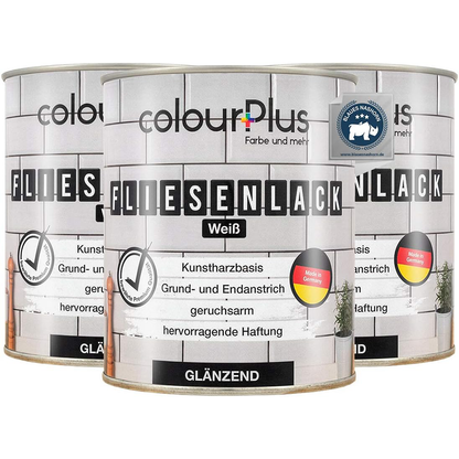 Drei Dosen ColourPlus Fliesenlack in Weiß glänzend als Set für größere Fliesenprojekte.