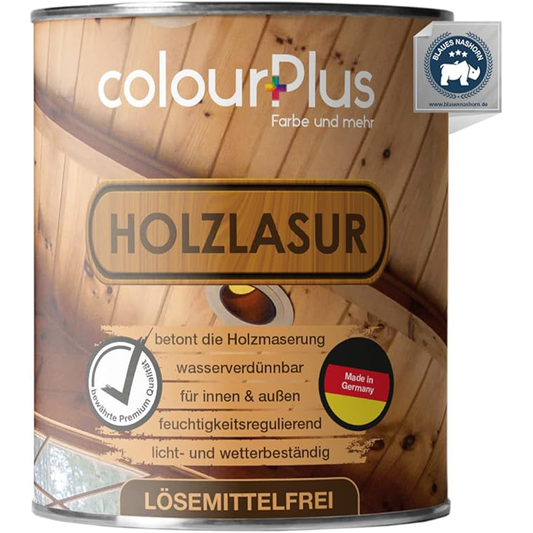 ColourPlus Holzlasur Außen lösemittelfrei als Produktdose mit Angaben zu Innen- und Außenanwendung sowie betonter Holzmaserung