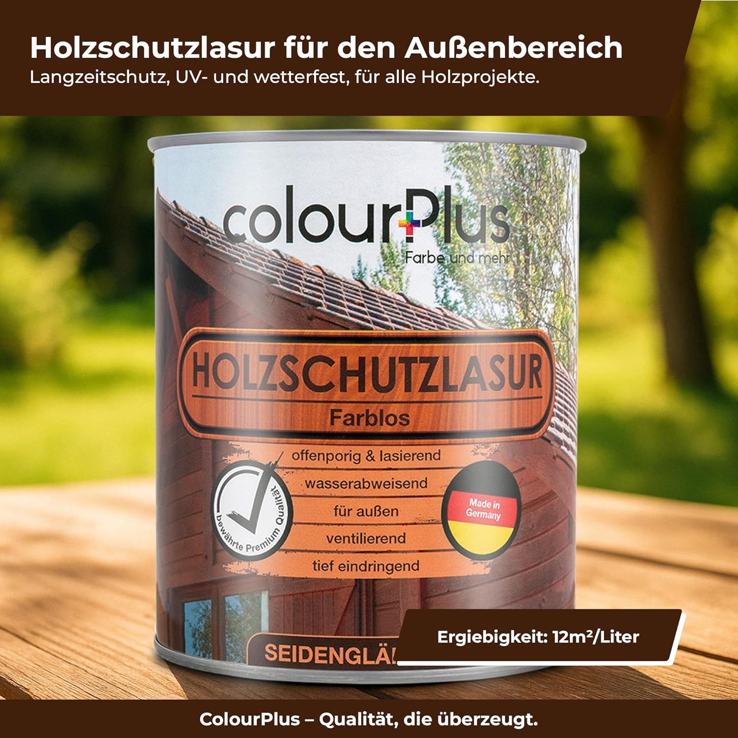 ColourPlus Holzlasur Außen seidenglänzend als Produktdose mit Hinweis auf Ergiebigkeit von 12 m² pro Liter