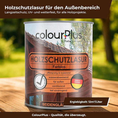 ColourPlus Holzlasur Außen seidenglänzend als Produktdose mit Hinweis auf Ergiebigkeit von 12 m² pro Liter