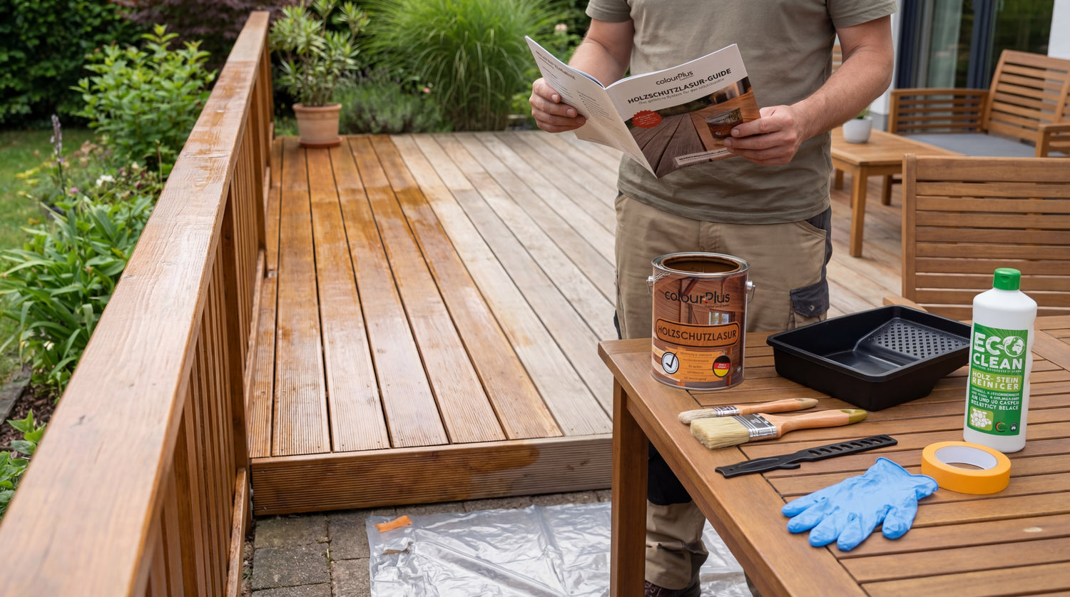 Person liest eine Anleitung zur Anwendung der colourPlus Holzschutzlasur neben Werkzeug und Produkten auf einem Terrassentisch