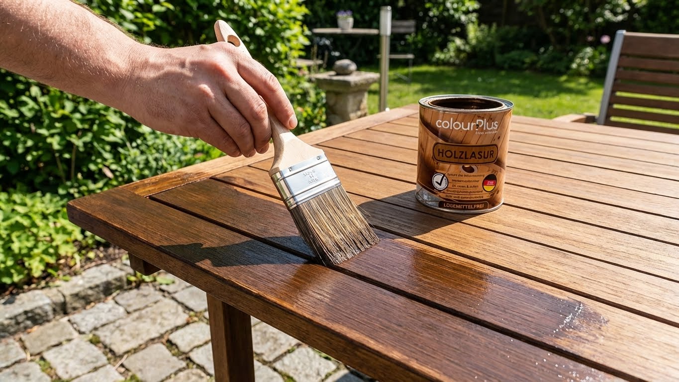 Anwendung der ColourPlus Holzschutzlasur Außen beim Streichen eines Holztisches im Garten mit Pinsel