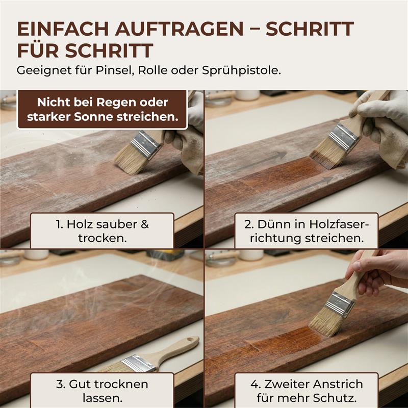 Schritt-für-Schritt-Anleitung zur Anwendung der ColourPlus Holzschutzlasur Außen mit Pinsel auf einem Holzbrett.
