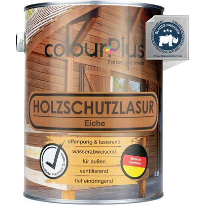 ColourPlus Holzschutzlasur Außen Eiche 2,5 Liter für wasserabweisenden und ventilierenden Holzschutz im Außenbereich.