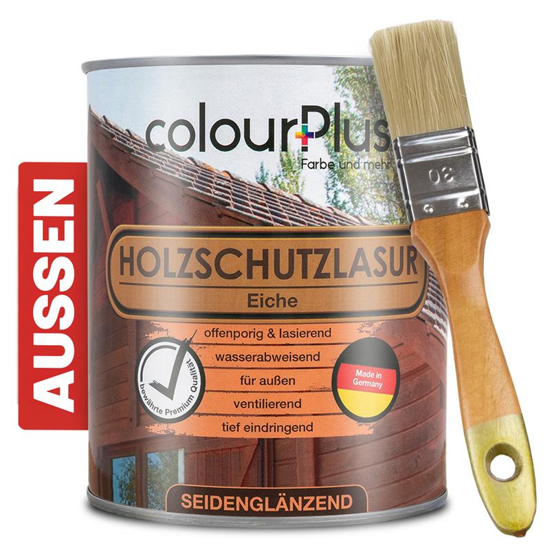 ColourPlus Holzschutzlasur Außen Eiche 750 ml seiden glänzend mit Pinsel für langlebigen Schutz von Außenholz.