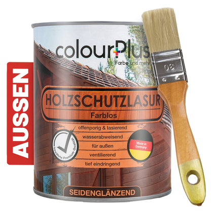 ColourPlus Holzschutzlasur Außen Farblos 750 ml seiden glänzend mit Pinsel und Hinweis für Außenanwendung.