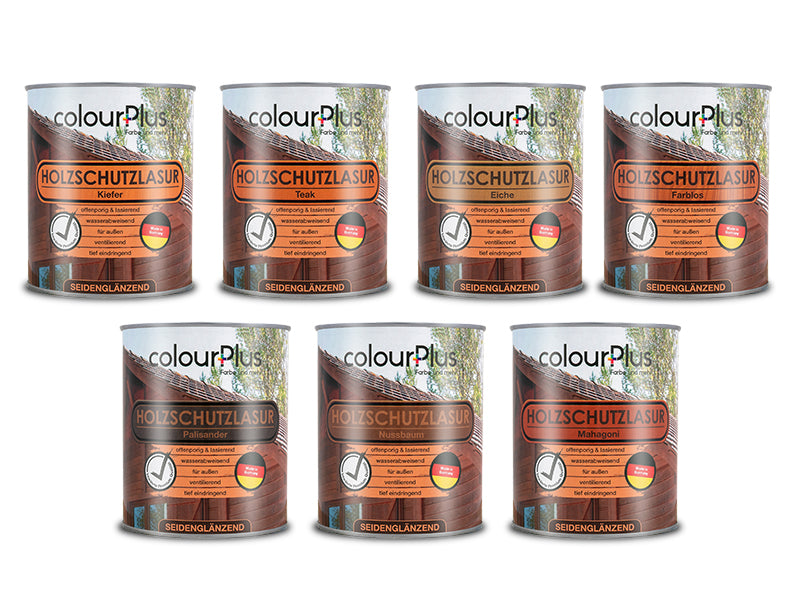 Übersicht der ColourPlus Holzschutzlasur Außen in den Farbtönen Kiefer, Teak, Eiche, Farblos, Palisander, Nussbaum und Mahagoni.