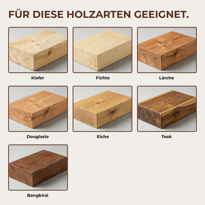 Darstellung geeigneter Holzarten wie Kiefer, Fichte, Lärche, Douglasie, Eiche, Teak und Bangkirai für die ColourPlus Holzschutzlasur Außen.