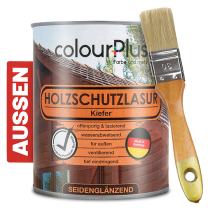 ColourPlus Holzschutzlasur Außen Kiefer 750 ml seiden glänzend mit Pinsel für natürlichen und wetterbeständigen Holzschutz.