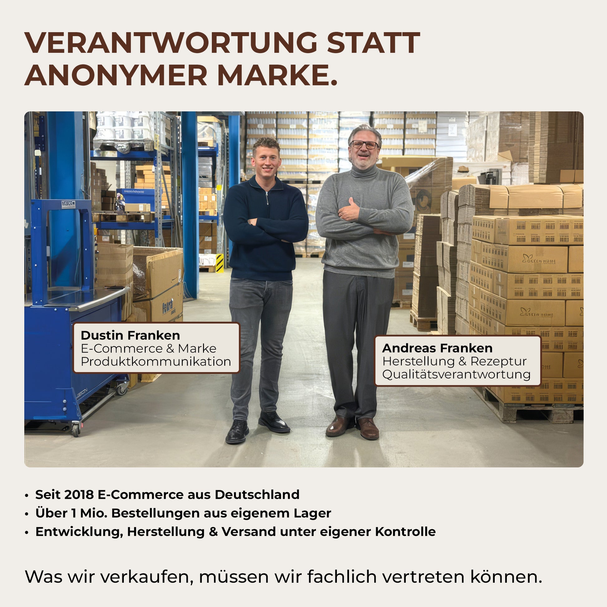 Zwei Mitarbeiter im Lager als Darstellung der Markenverantwortung hinter der ColourPlus Holzschutzlasur Außen.